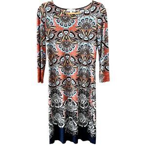 Spense Floral Mandala Print Slinky Dress Orange Gold Turquoise 4